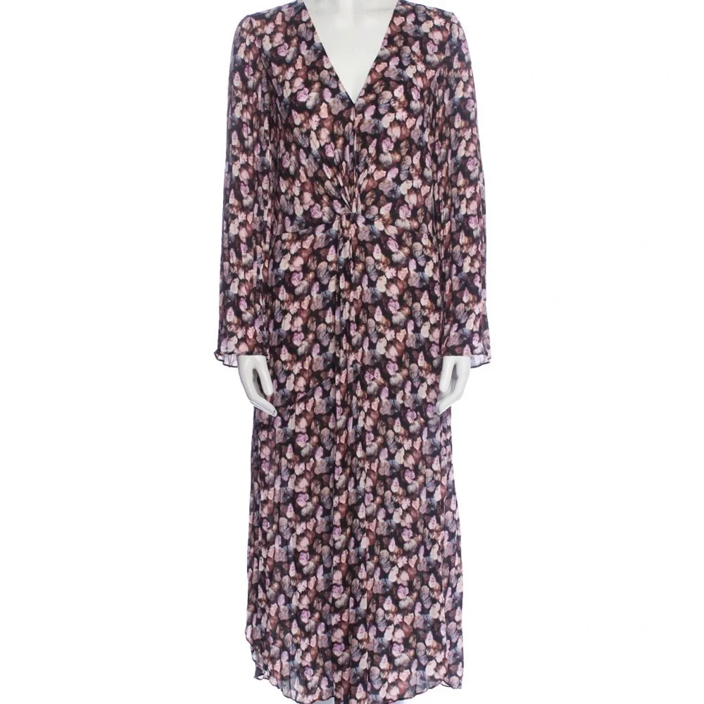 Vince Esme V-Neck Long Sleeve Micro Painted Floral Twist Drape Midi Dress Sz 14 - Picture 10 of 12